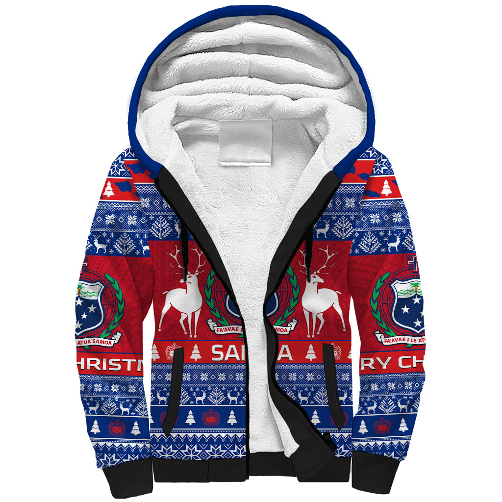 Personalised Samoa Christmas Sherpa Hoodie Samoan Coat Of Arms Manuia Le Kirisimas - Wonder Print Shop