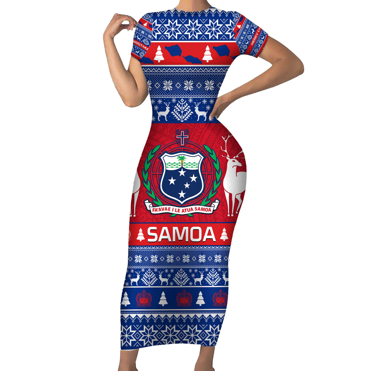 Personalised Samoa Christmas Short Sleeve Bodycon Dress Samoan Coat Of Arms Manuia Le Kirisimas - Wonder Print Shop