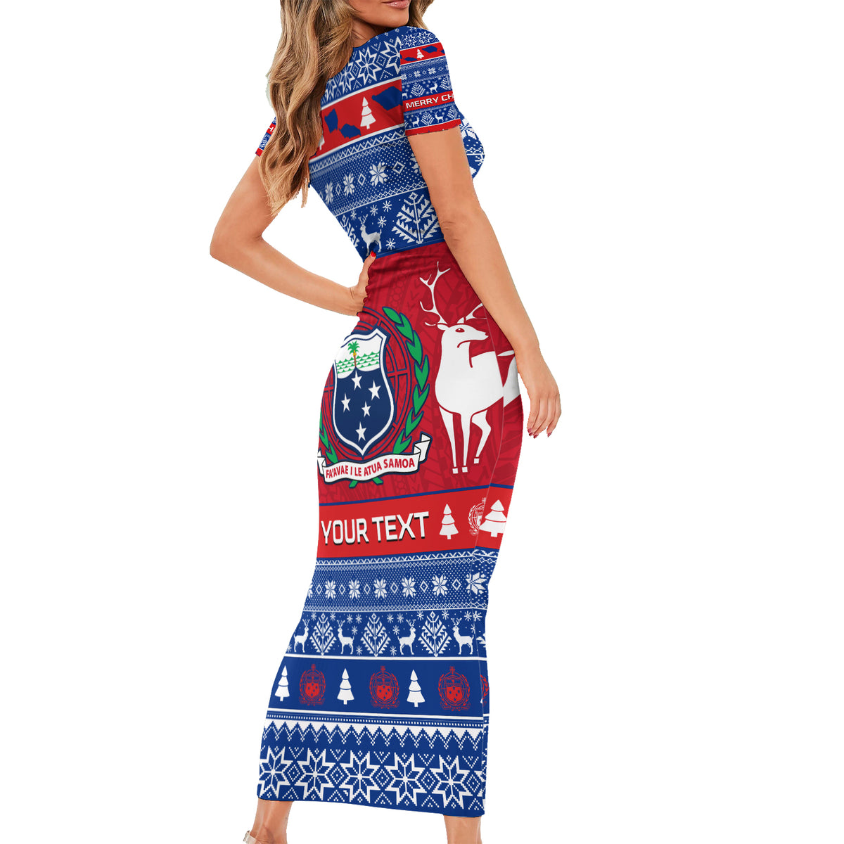 Personalised Samoa Christmas Short Sleeve Bodycon Dress Samoan Coat Of Arms Manuia Le Kirisimas - Wonder Print Shop