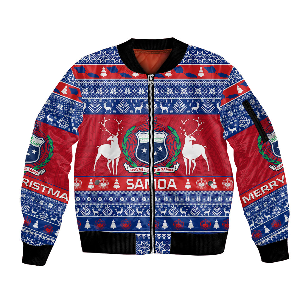 Personalised Samoa Christmas Sleeve Zip Bomber Jacket Samoan Coat Of Arms Manuia Le Kirisimas - Wonder Print Shop