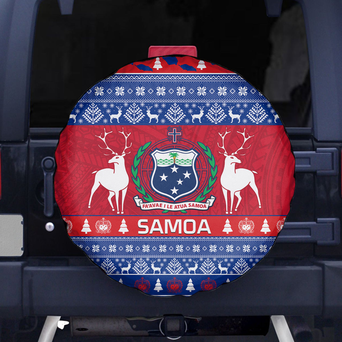 Personalised Samoa Christmas Spare Tire Cover Samoan Coat Of Arms Manuia Le Kirisimas - Wonder Print Shop
