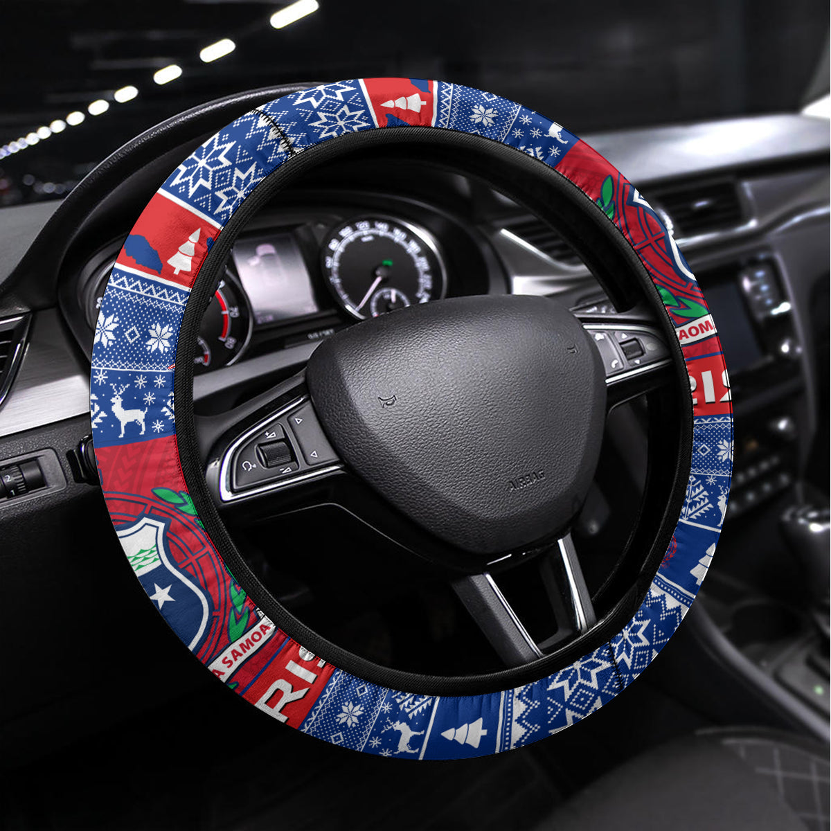 Samoa Christmas Steering Wheel Cover Samoan Coat Of Arms Manuia Le Kirisimas - Wonder Print Shop
