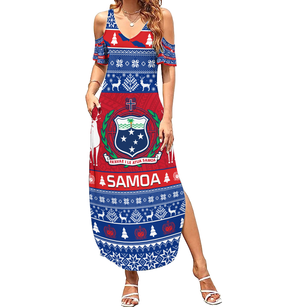 Personalised Samoa Christmas Summer Maxi Dress Samoan Coat Of Arms Manuia Le Kirisimas - Wonder Print Shop