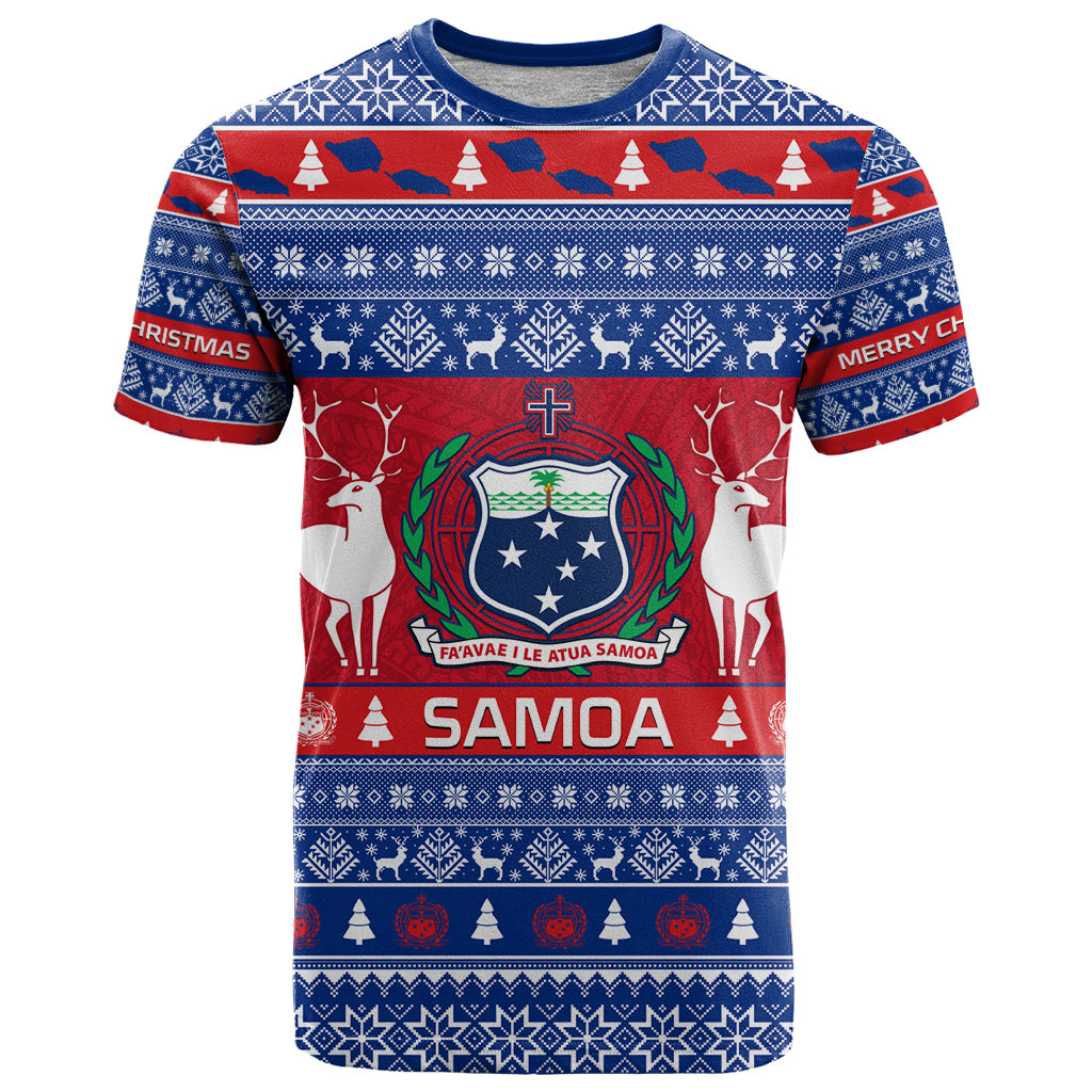 Personalised Samoa Christmas T Shirt Samoan Coat Of Arms Manuia Le Kirisimas - Wonder Print Shop