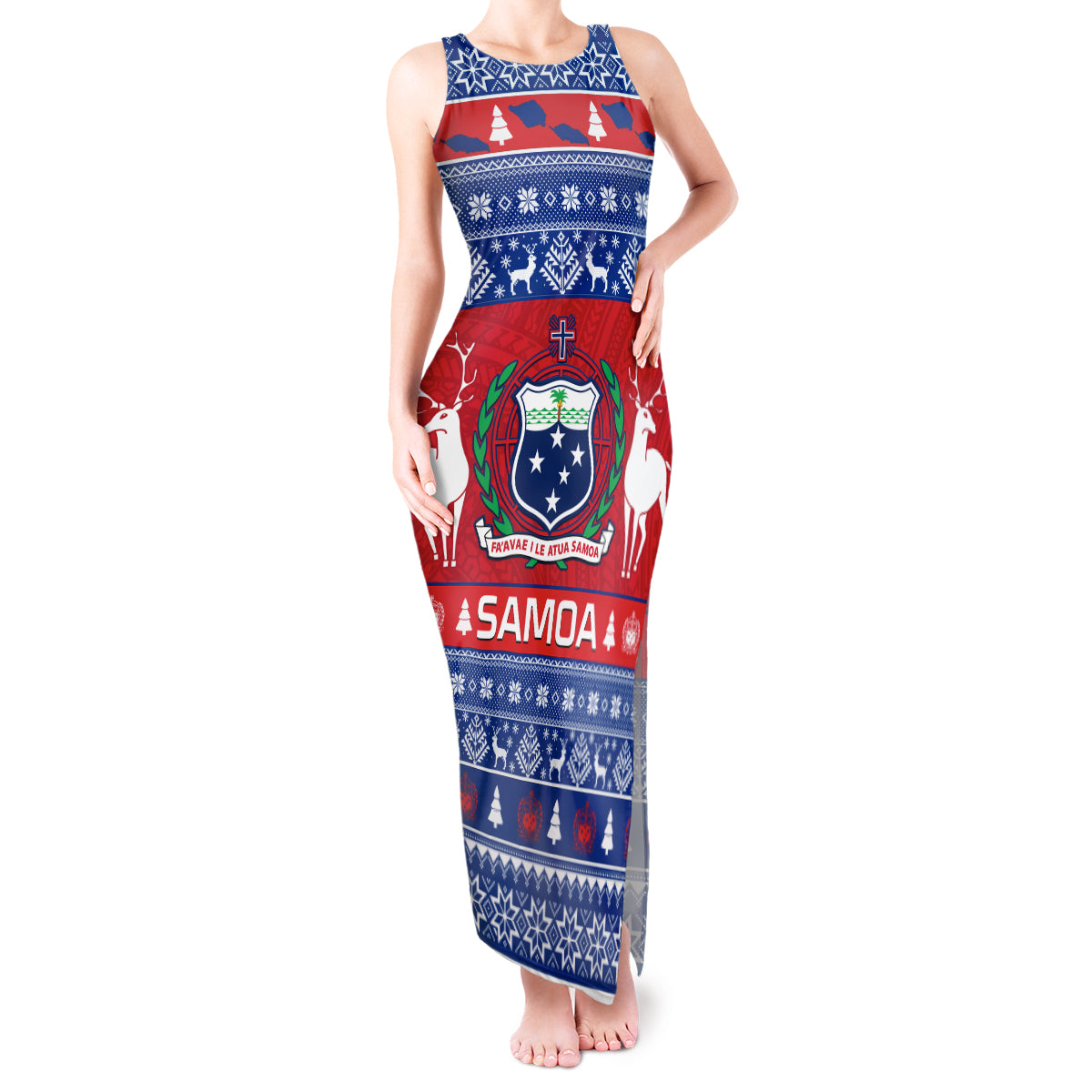 Personalised Samoa Christmas Tank Maxi Dress Samoan Coat Of Arms Manuia Le Kirisimas - Wonder Print Shop
