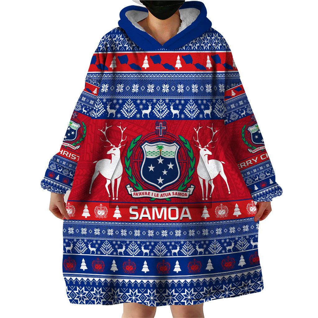 Personalised Samoa Christmas Wearable Blanket Hoodie Samoan Coat Of Arms Manuia Le Kirisimas - Wonder Print Shop