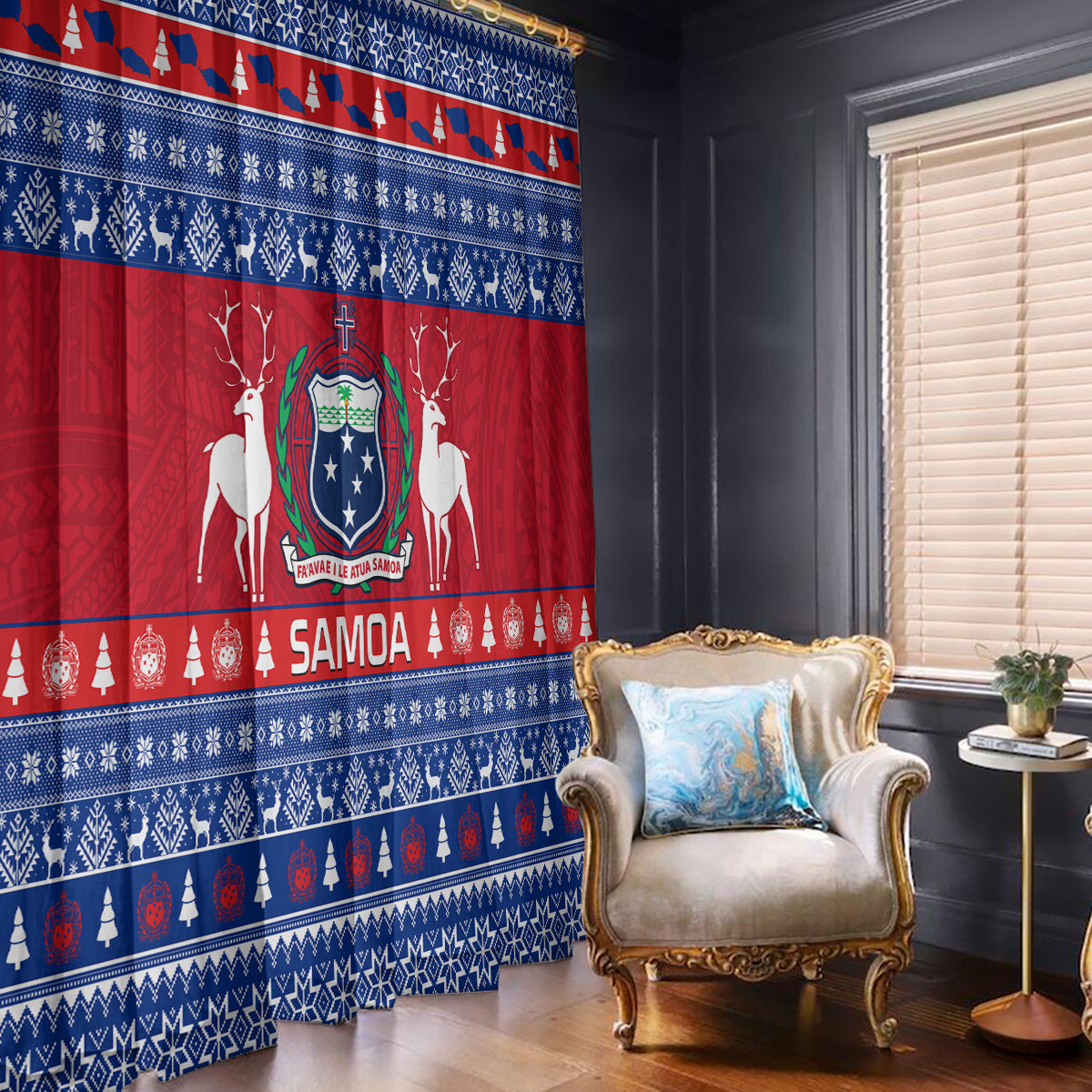 Personalised Samoa Christmas Window Curtain Samoan Coat Of Arms Manuia Le Kirisimas - Wonder Print Shop