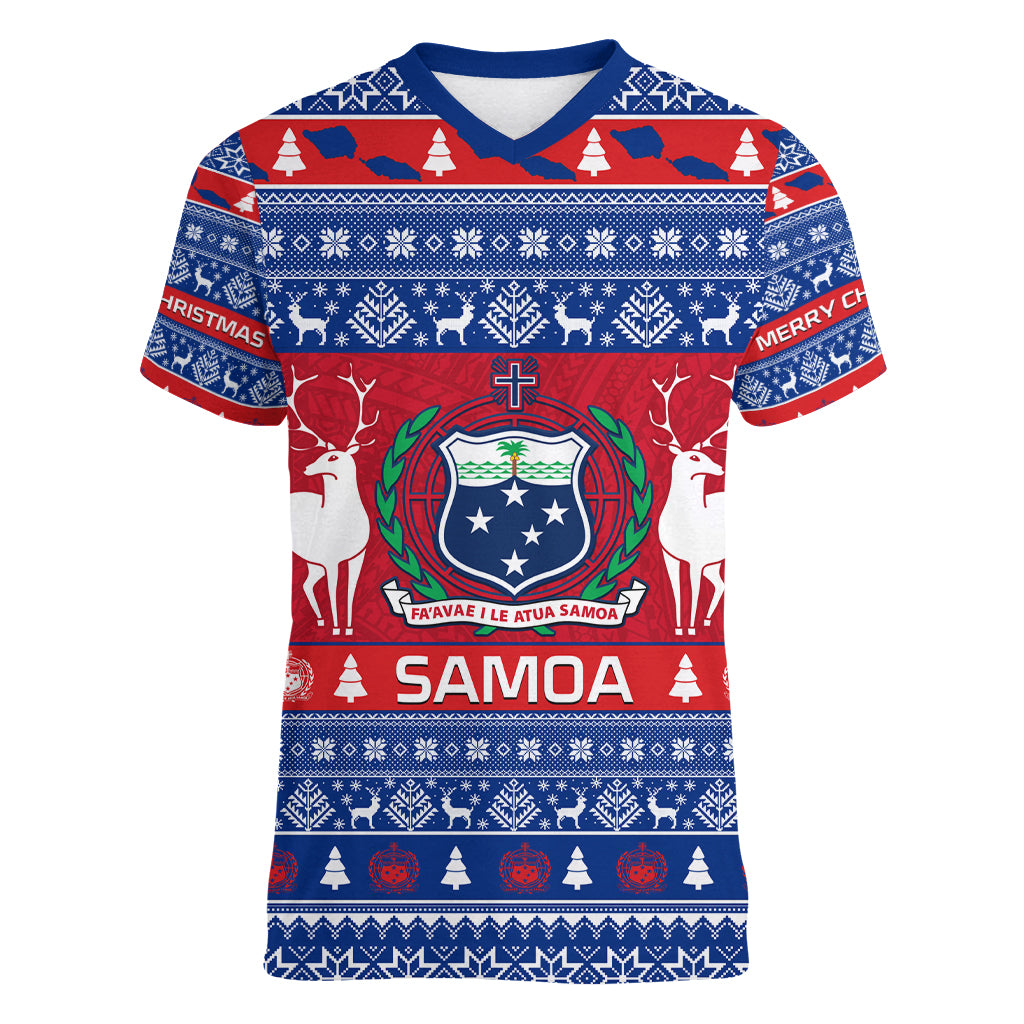 Personalised Samoa Christmas Women V Neck T Shirt Samoan Coat Of Arms Manuia Le Kirisimas - Wonder Print Shop