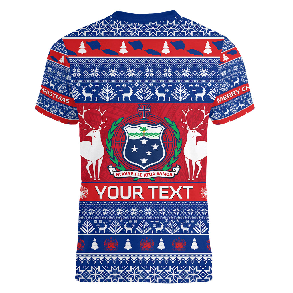 Personalised Samoa Christmas Women V Neck T Shirt Samoan Coat Of Arms Manuia Le Kirisimas - Wonder Print Shop