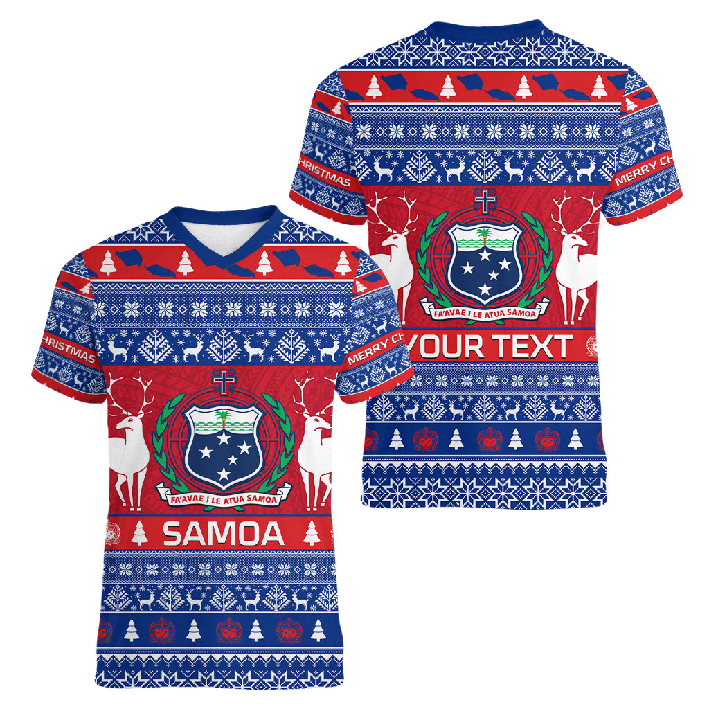 Personalised Samoa Christmas Women V Neck T Shirt Samoan Coat Of Arms Manuia Le Kirisimas - Wonder Print Shop