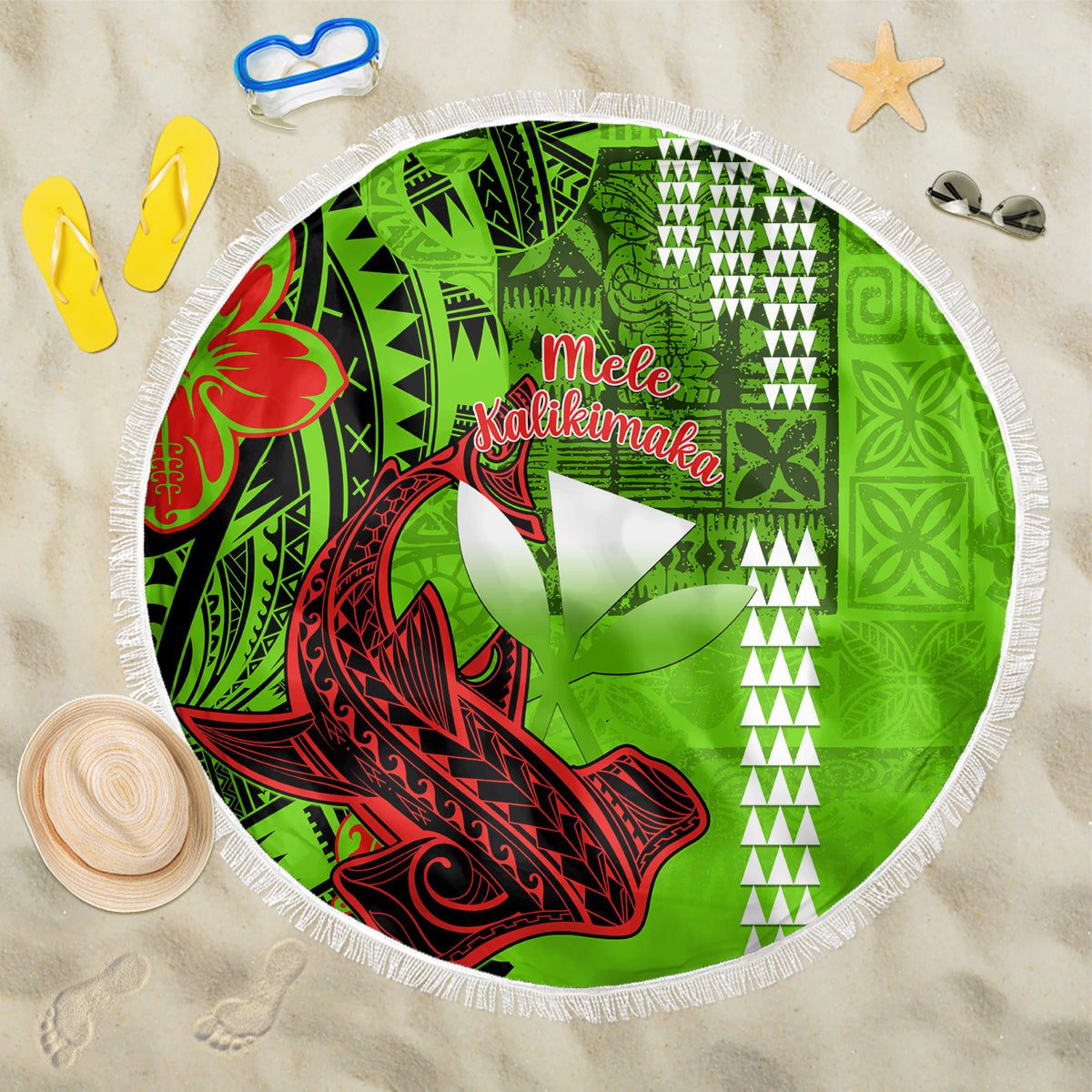 Personalised Hawaii Christmas Beach Blanket Mele Kalikimaka Kakau Polynesian Shark Tattoo - Wonder Print Shop