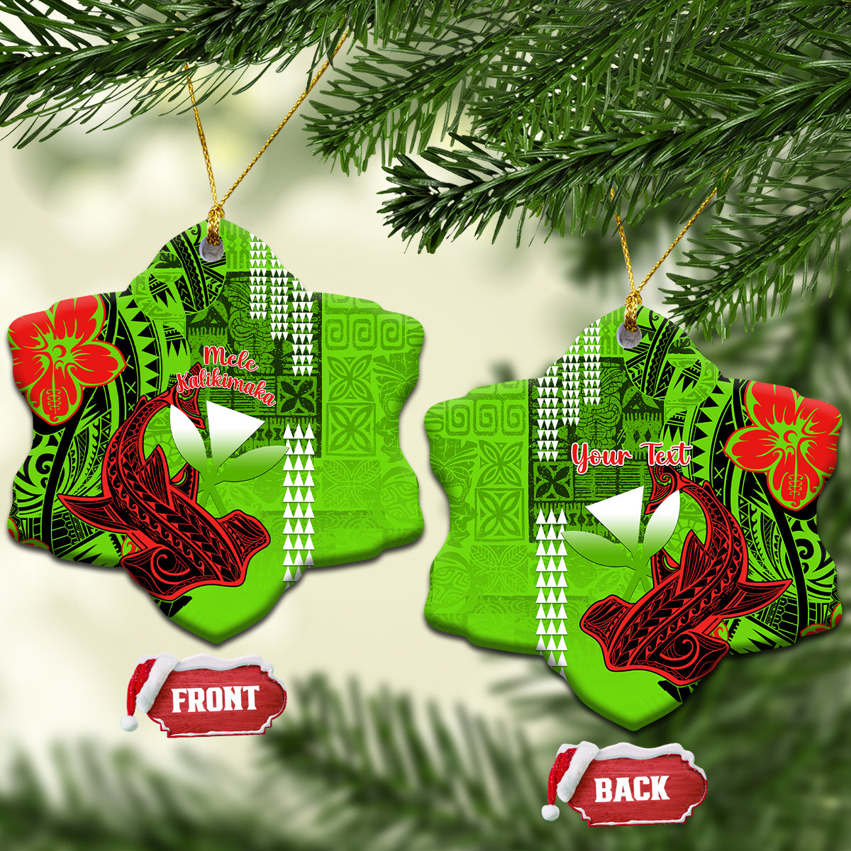 Personalised Hawaii Christmas Ceramic Ornament Mele Kalikimaka Kakau Polynesian Shark Tattoo - Wonder Print Shop