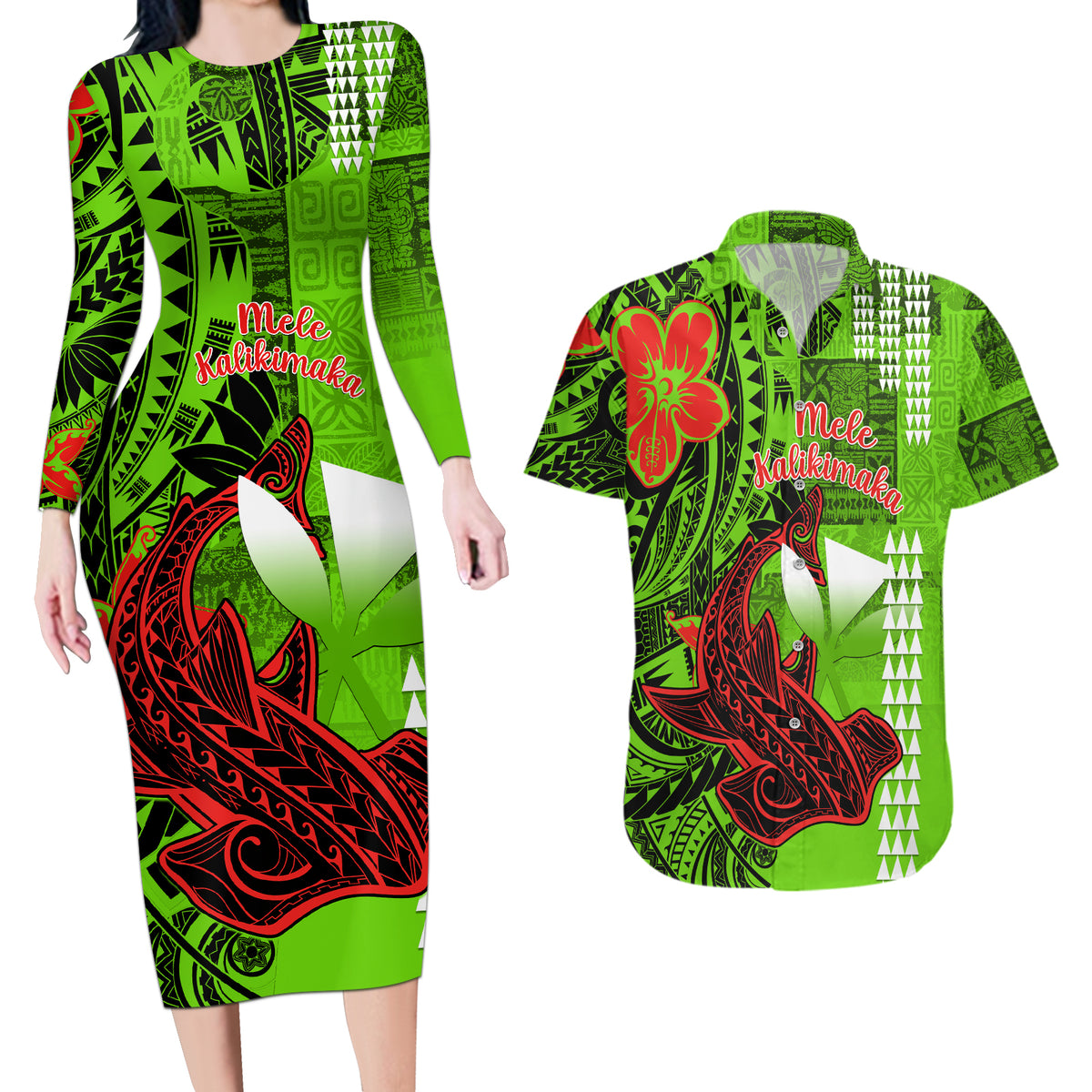 Personalised Hawaii Christmas Couples Matching Long Sleeve Bodycon Dress and Hawaiian Shirt Mele Kalikimaka Kakau Polynesian Shark Tattoo - Wonder Print Shop