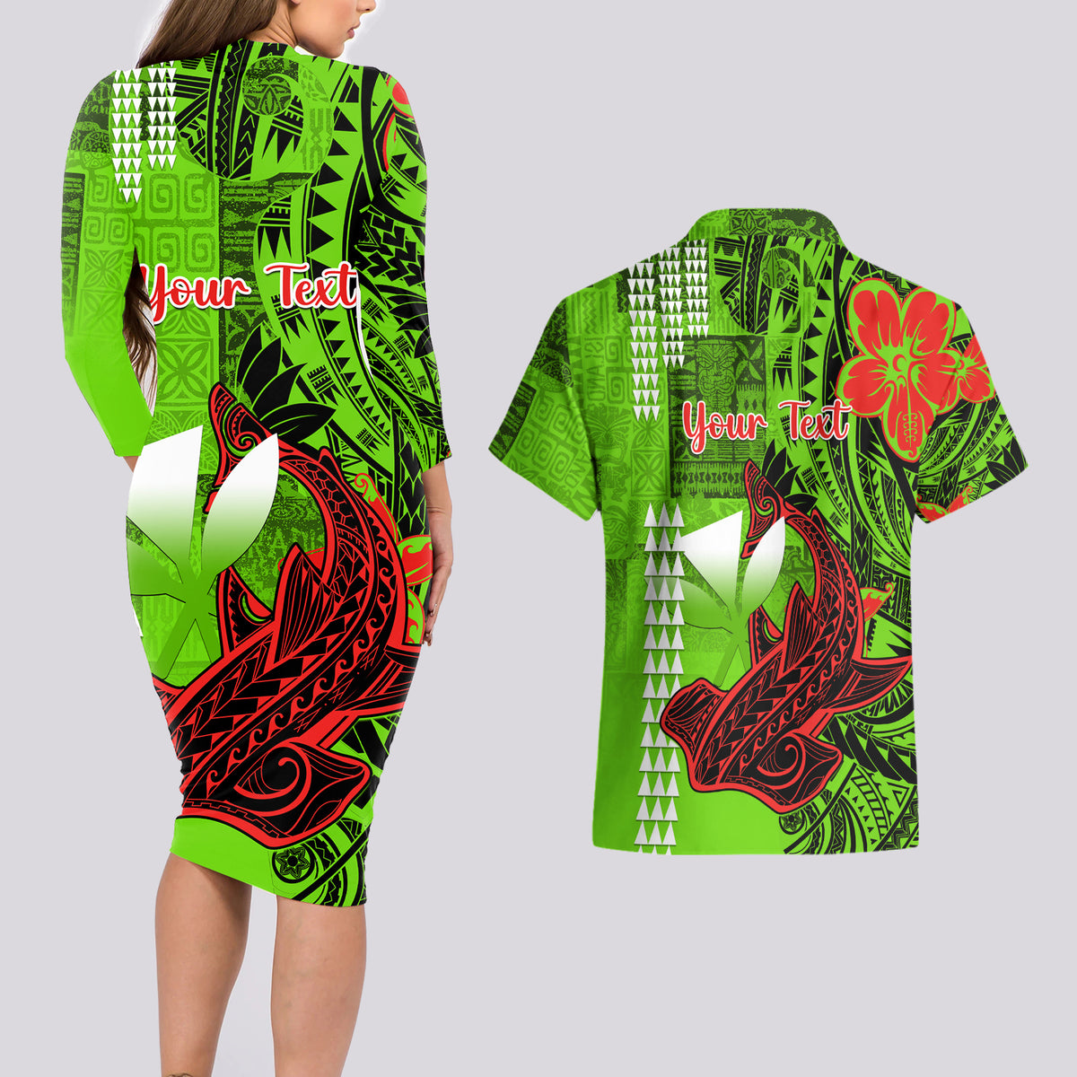 Personalised Hawaii Christmas Couples Matching Long Sleeve Bodycon Dress and Hawaiian Shirt Mele Kalikimaka Kakau Polynesian Shark Tattoo - Wonder Print Shop
