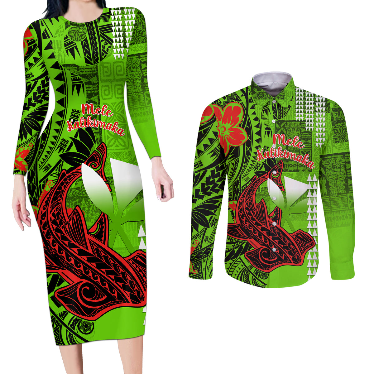Personalised Hawaii Christmas Couples Matching Long Sleeve Bodycon Dress and Long Sleeve Button Shirts Mele Kalikimaka Kakau Polynesian Shark Tattoo - Wonder Print Shop
