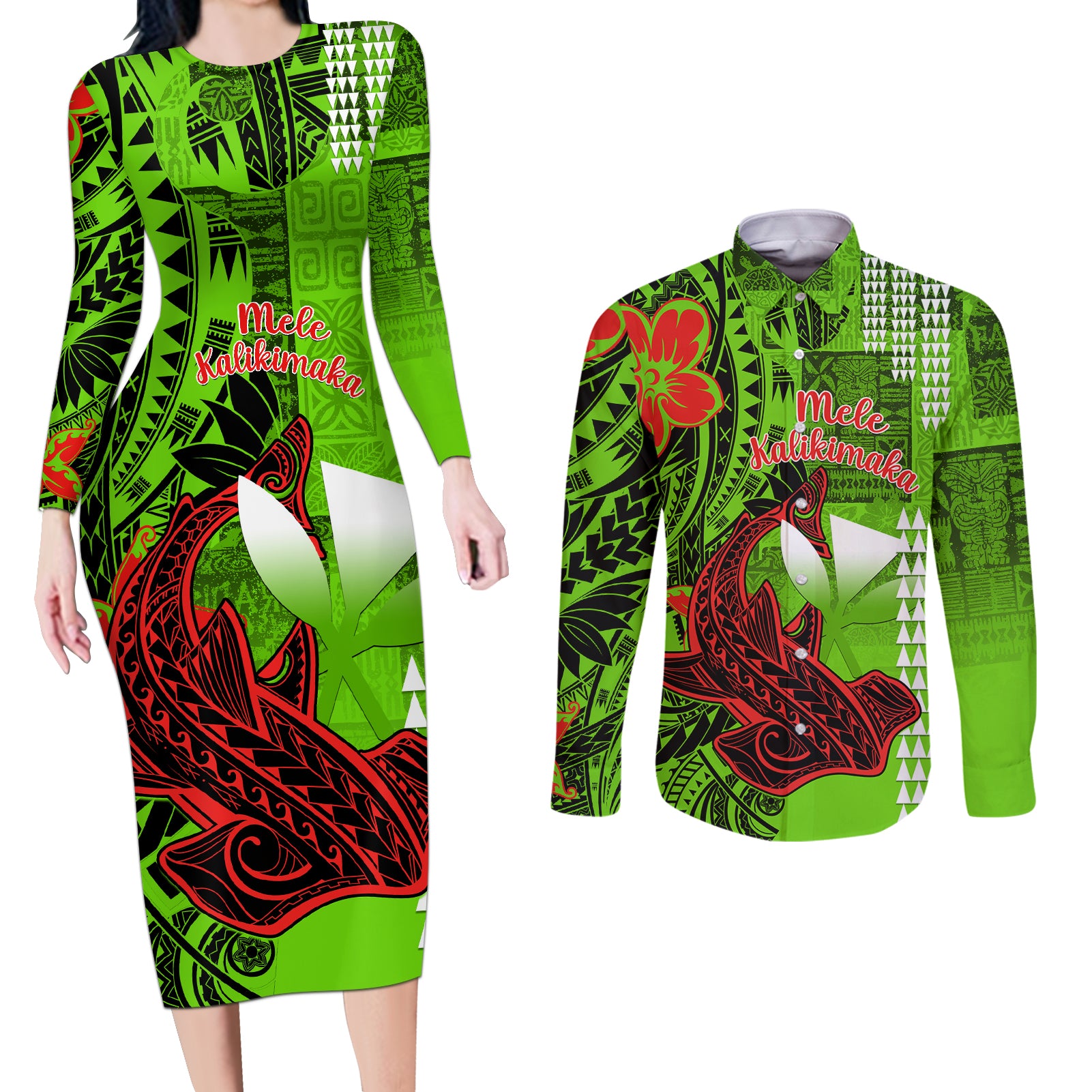 Personalised Hawaii Christmas Couples Matching Long Sleeve Bodycon Dress and Long Sleeve Button Shirts Mele Kalikimaka Kakau Polynesian Shark Tattoo - Wonder Print Shop