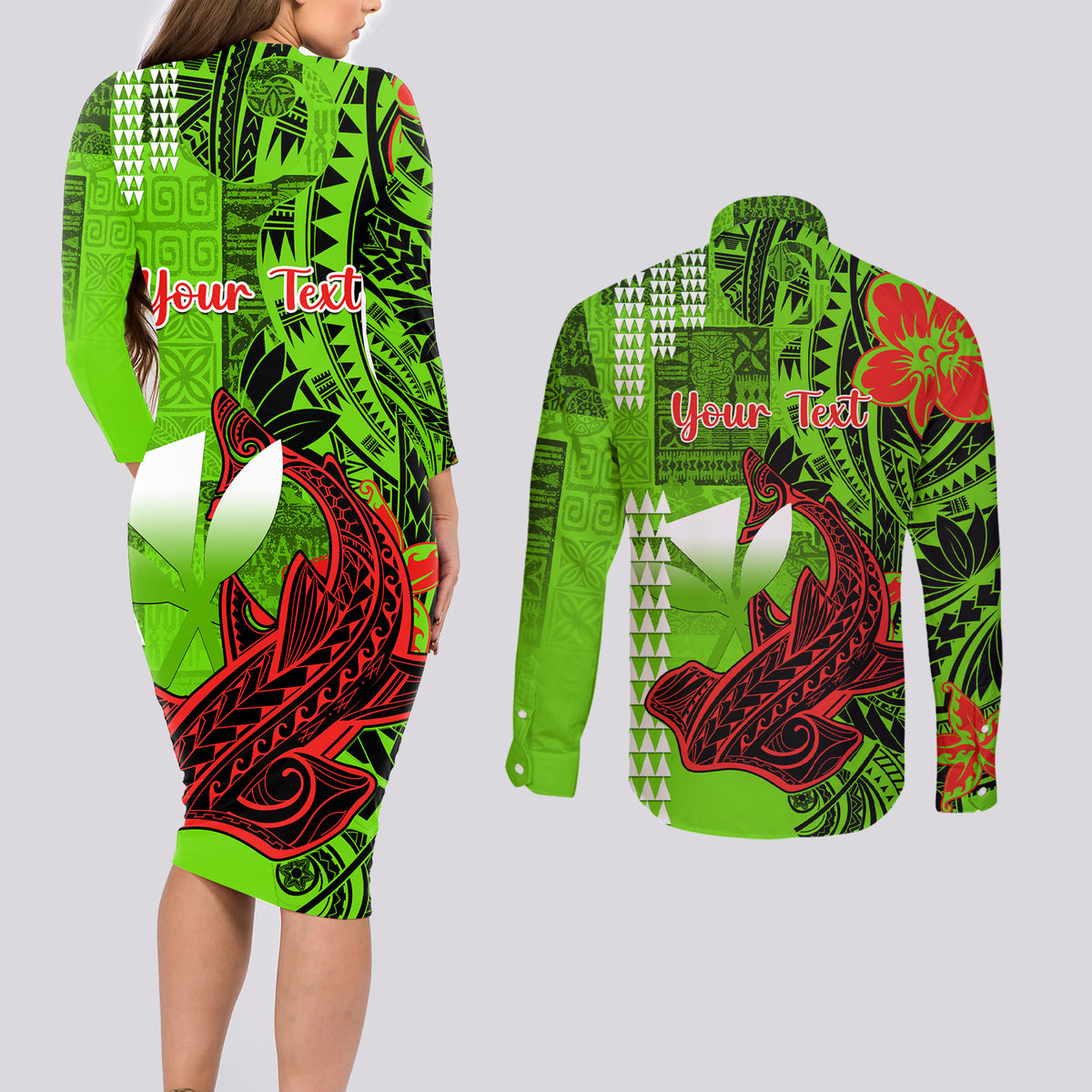 Personalised Hawaii Christmas Couples Matching Long Sleeve Bodycon Dress and Long Sleeve Button Shirts Mele Kalikimaka Kakau Polynesian Shark Tattoo - Wonder Print Shop