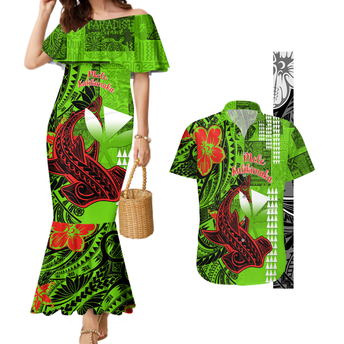 Personalised Hawaii Christmas Couples Matching Mermaid Dress and Hawaiian Shirt Mele Kalikimaka Kakau Polynesian Shark Tattoo - Wonder Print Shop