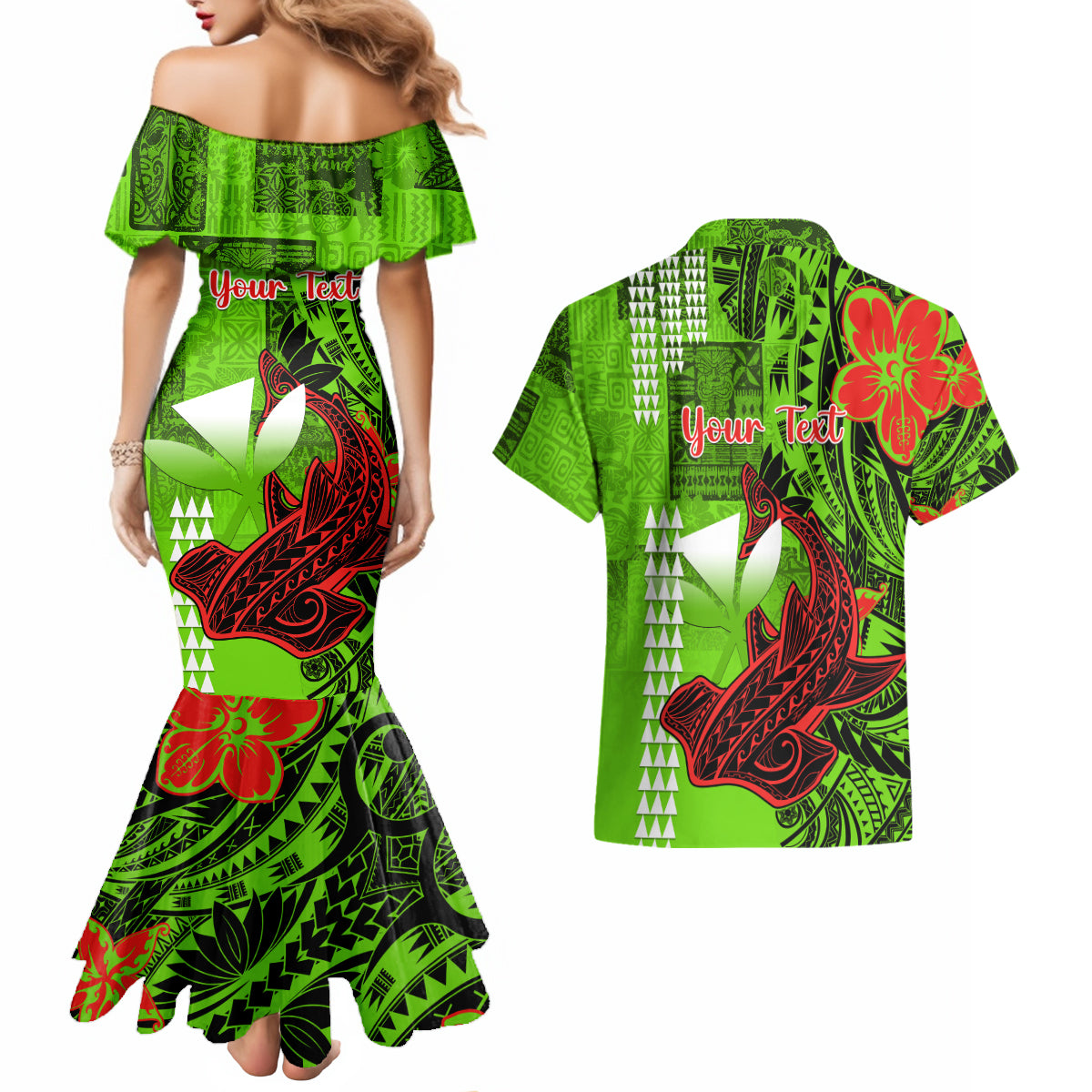 Personalised Hawaii Christmas Couples Matching Mermaid Dress and Hawaiian Shirt Mele Kalikimaka Kakau Polynesian Shark Tattoo - Wonder Print Shop