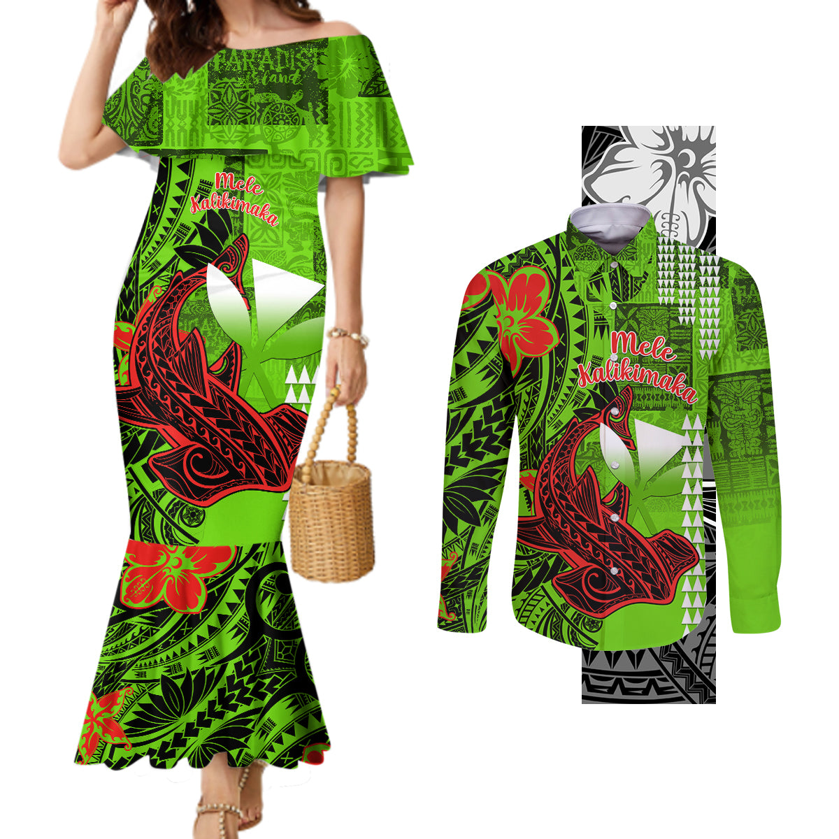 personalised-hawaii-christmas-couples-matching-mermaid-dress-and-long-sleeve-button-shirts-mele-kalikimaka-kakau-polynesian-shark-tattoo