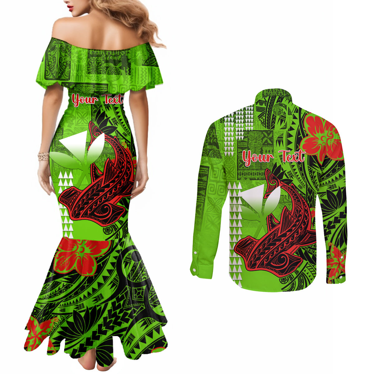 personalised-hawaii-christmas-couples-matching-mermaid-dress-and-long-sleeve-button-shirts-mele-kalikimaka-kakau-polynesian-shark-tattoo