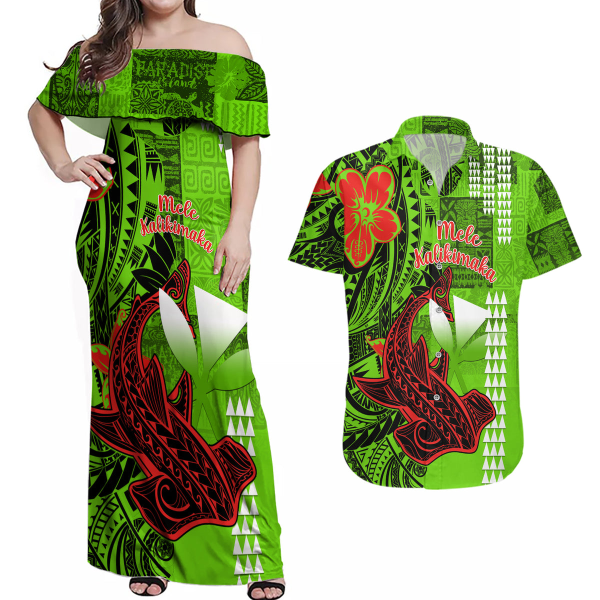 Personalised Hawaii Christmas Couples Matching Off Shoulder Maxi Dress and Hawaiian Shirt Mele Kalikimaka Kakau Polynesian Shark Tattoo - Wonder Print Shop