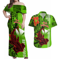 Personalised Hawaii Christmas Couples Matching Off Shoulder Maxi Dress and Hawaiian Shirt Mele Kalikimaka Kakau Polynesian Shark Tattoo - Wonder Print Shop