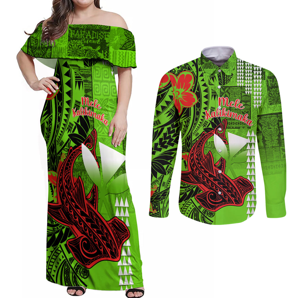 Personalised Hawaii Christmas Couples Matching Off Shoulder Maxi Dress and Long Sleeve Button Shirts Mele Kalikimaka Kakau Polynesian Shark Tattoo - Wonder Print Shop