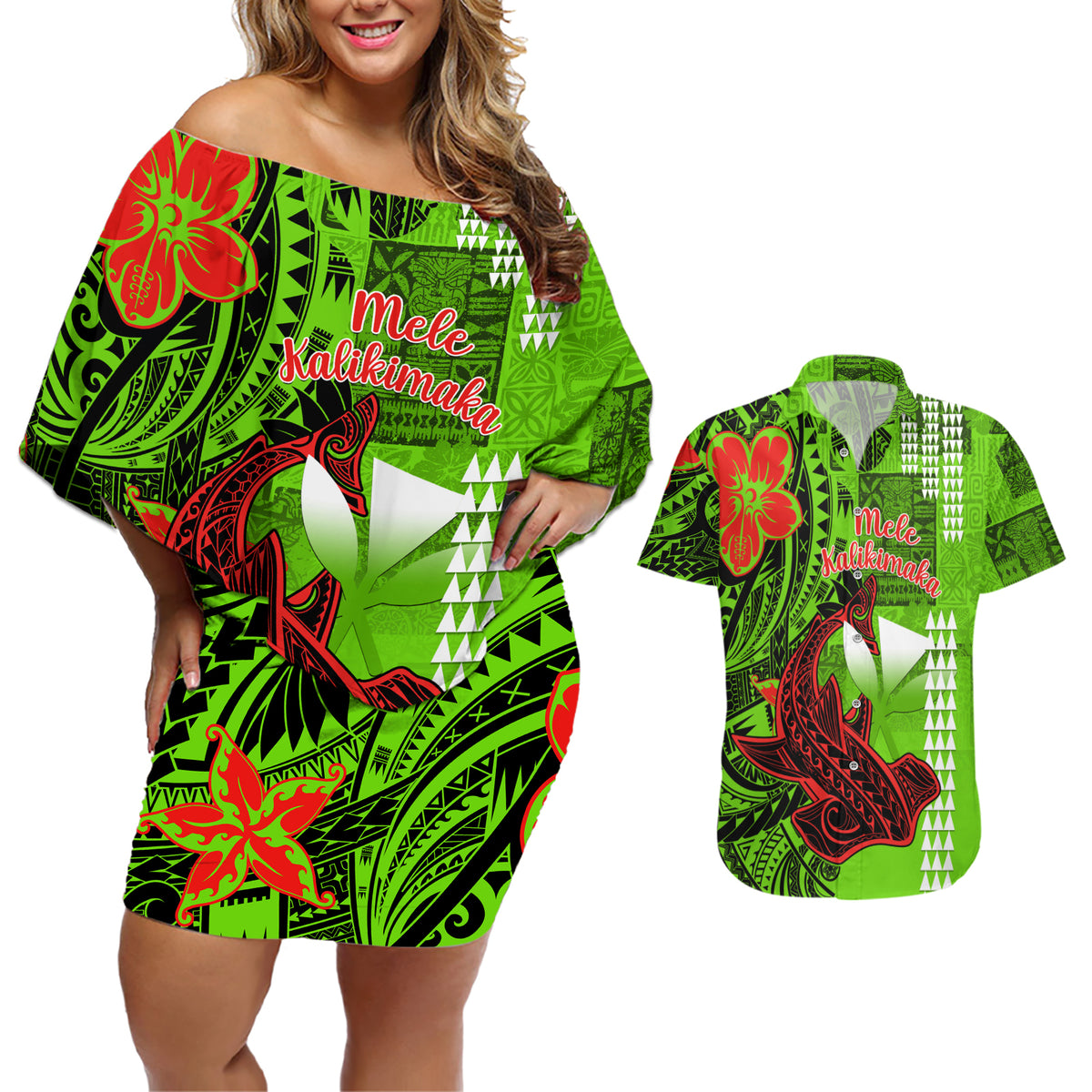 Personalised Hawaii Christmas Couples Matching Off Shoulder Short Dress and Hawaiian Shirt Mele Kalikimaka Kakau Polynesian Shark Tattoo - Wonder Print Shop