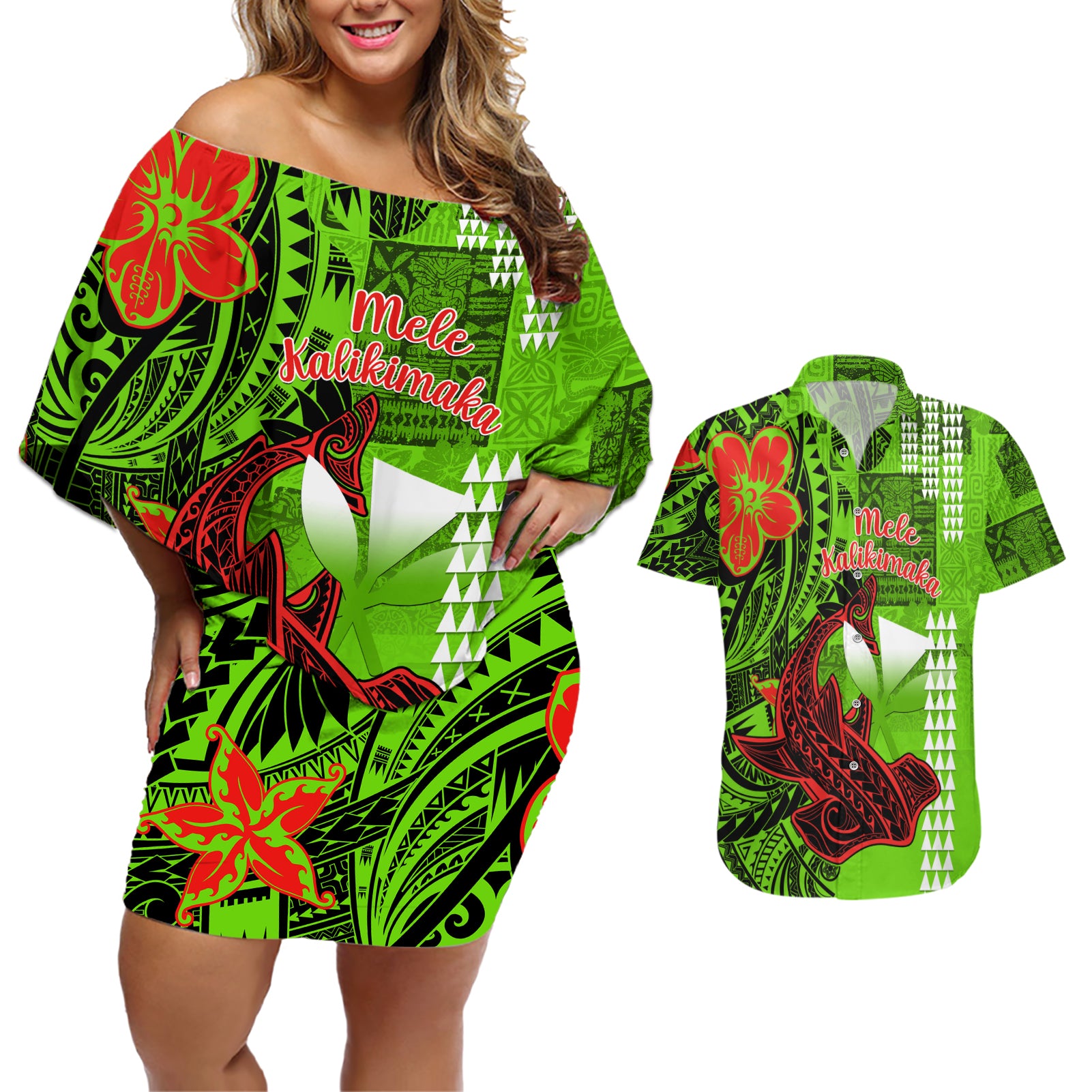 Personalised Hawaii Christmas Couples Matching Off Shoulder Short Dress and Hawaiian Shirt Mele Kalikimaka Kakau Polynesian Shark Tattoo - Wonder Print Shop