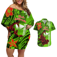 Personalised Hawaii Christmas Couples Matching Off Shoulder Short Dress and Hawaiian Shirt Mele Kalikimaka Kakau Polynesian Shark Tattoo - Wonder Print Shop