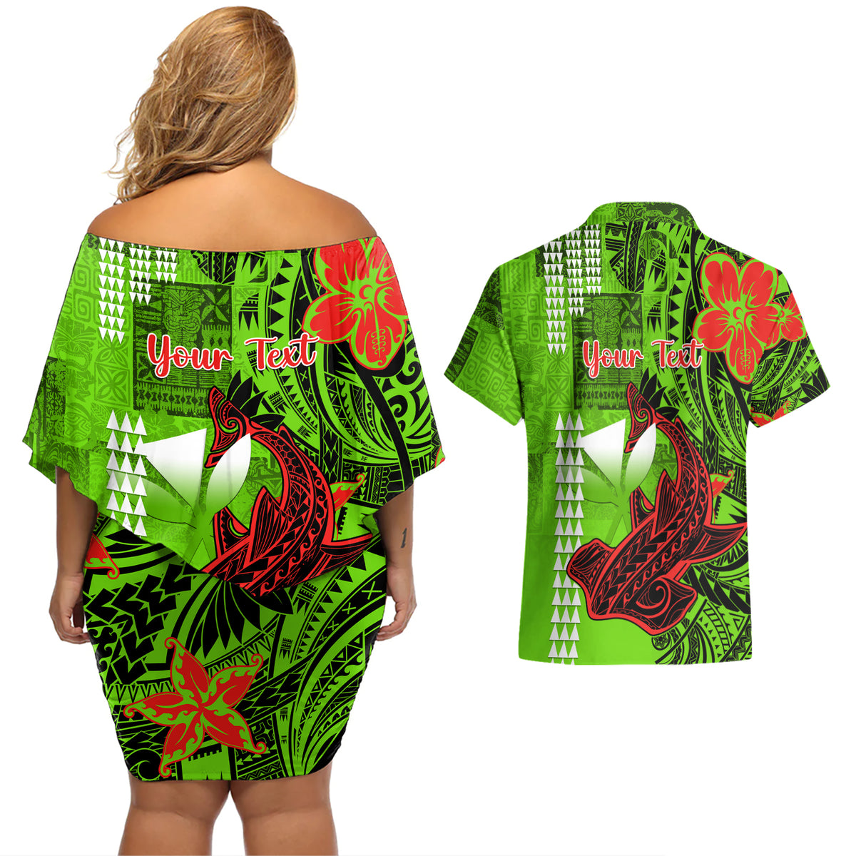 Personalised Hawaii Christmas Couples Matching Off Shoulder Short Dress and Hawaiian Shirt Mele Kalikimaka Kakau Polynesian Shark Tattoo - Wonder Print Shop