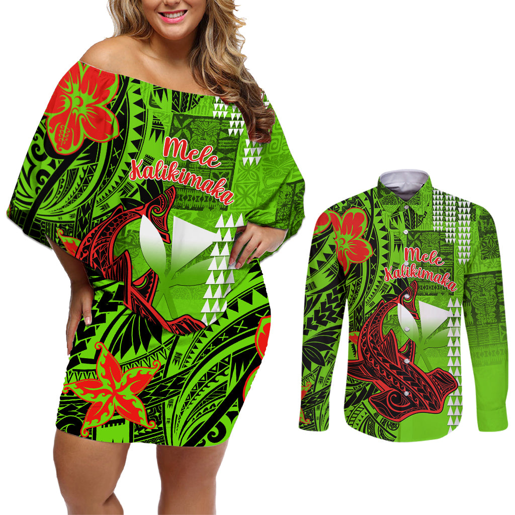 Personalised Hawaii Christmas Couples Matching Off Shoulder Short Dress and Long Sleeve Button Shirts Mele Kalikimaka Kakau Polynesian Shark Tattoo - Wonder Print Shop