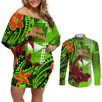 Personalised Hawaii Christmas Couples Matching Off Shoulder Short Dress and Long Sleeve Button Shirts Mele Kalikimaka Kakau Polynesian Shark Tattoo - Wonder Print Shop