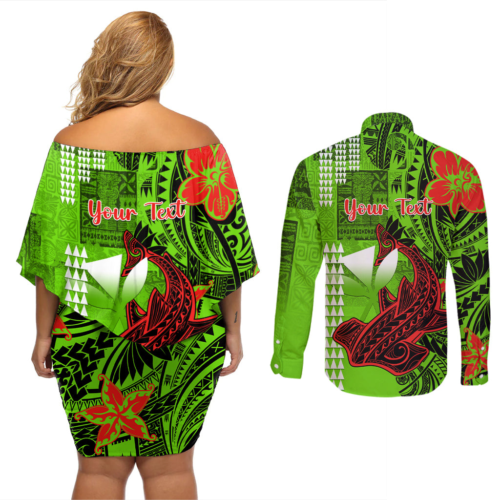 Personalised Hawaii Christmas Couples Matching Off Shoulder Short Dress and Long Sleeve Button Shirts Mele Kalikimaka Kakau Polynesian Shark Tattoo - Wonder Print Shop