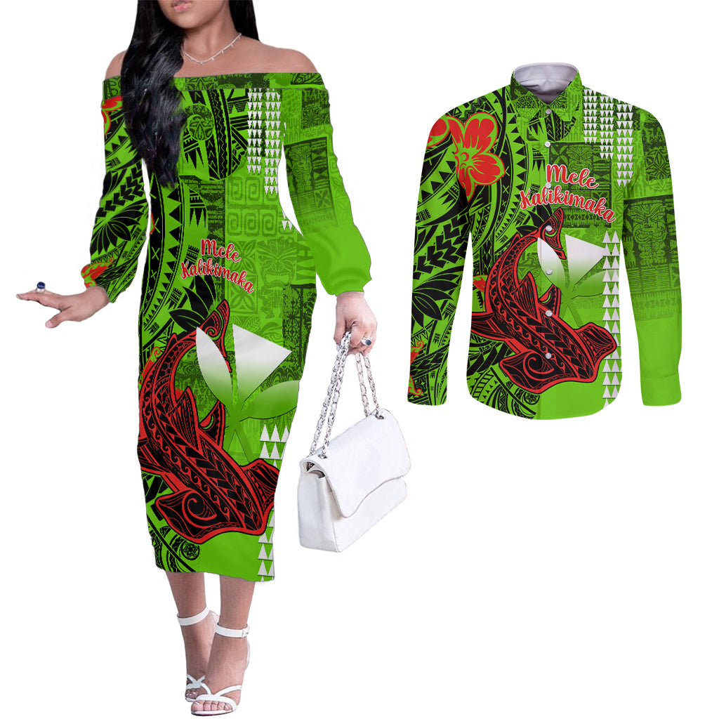 personalised-hawaii-christmas-couples-matching-off-the-shoulder-long-sleeve-dress-and-long-sleeve-button-shirts-mele-kalikimaka-kakau-polynesian-shark-tattoo