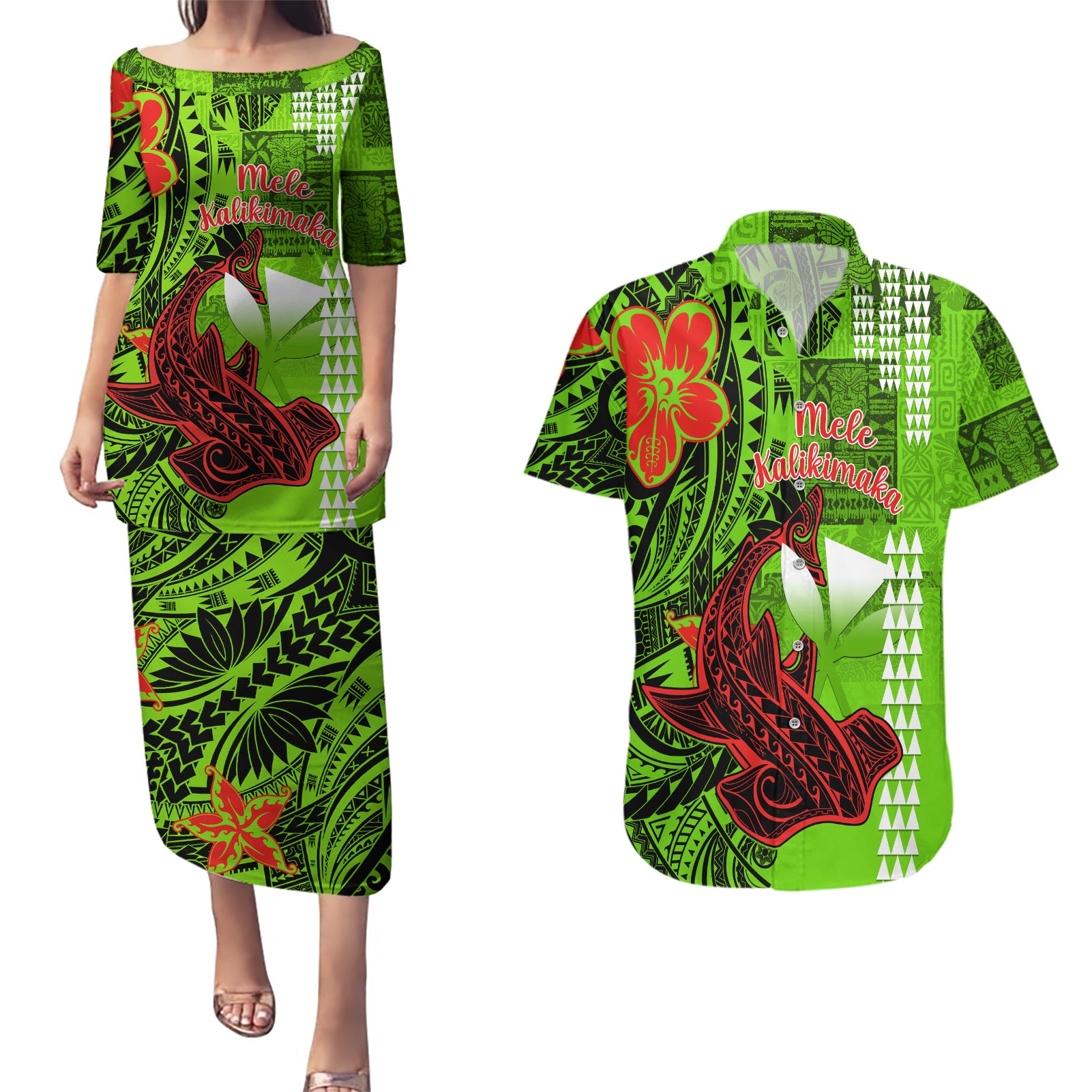 Personalised Hawaii Christmas Couples Matching Puletasi Dress and Hawaiian Shirt Mele Kalikimaka Kakau Polynesian Shark Tattoo - Wonder Print Shop