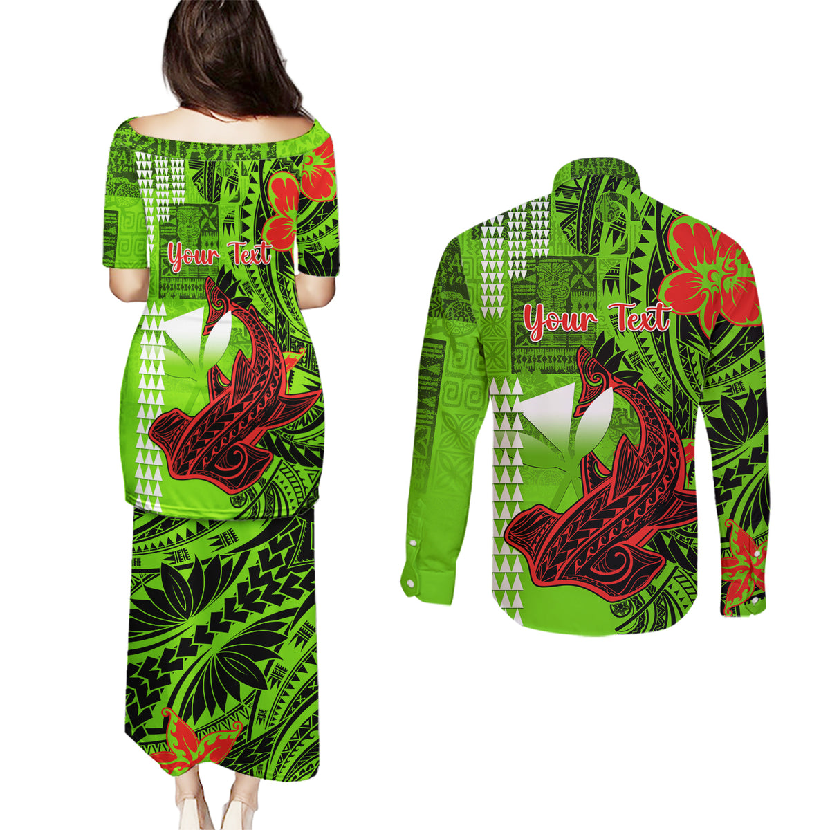 Personalised Hawaii Christmas Couples Matching Puletasi Dress and Long Sleeve Button Shirts Mele Kalikimaka Kakau Polynesian Shark Tattoo - Wonder Print Shop