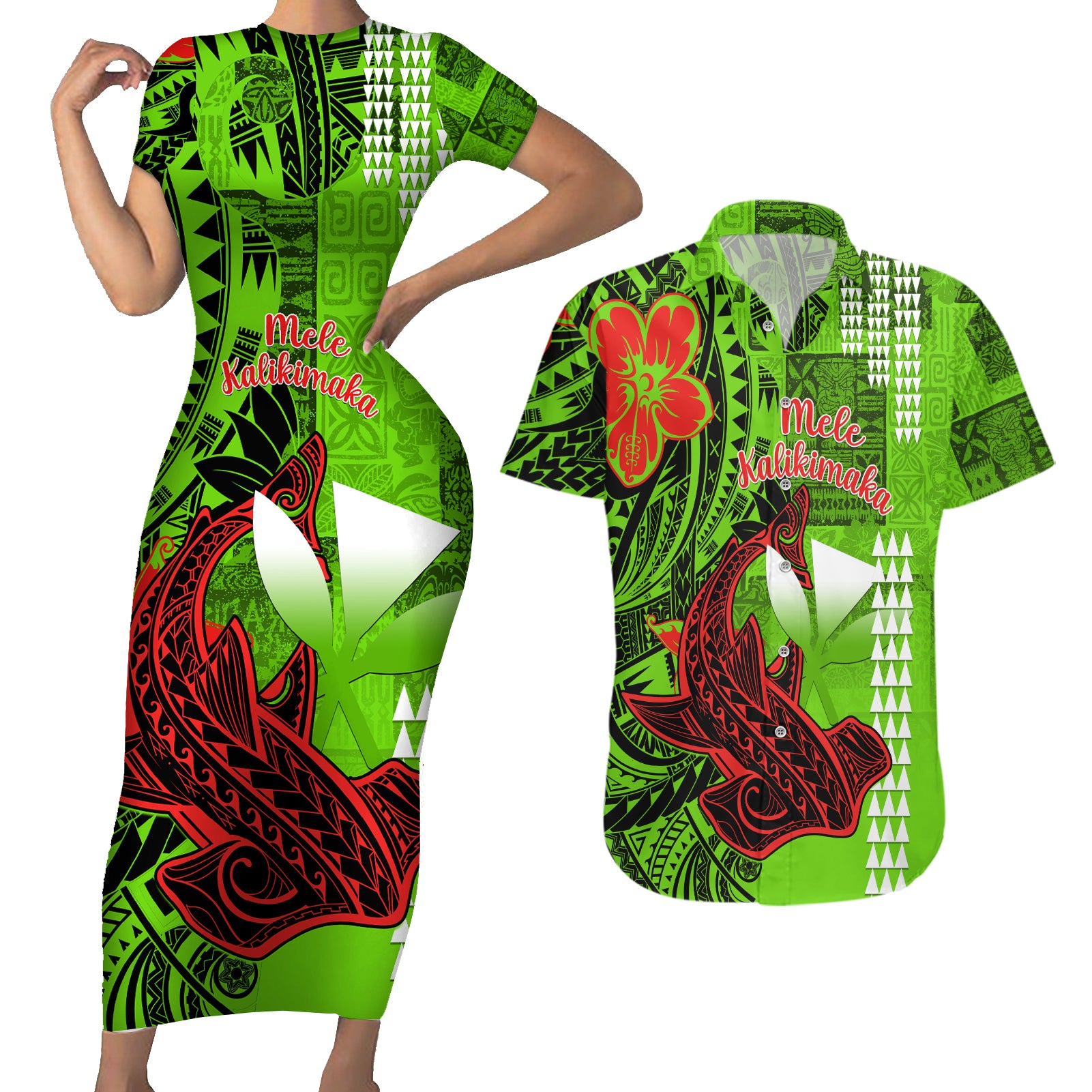 Personalised Hawaii Christmas Couples Matching Short Sleeve Bodycon Dress and Hawaiian Shirt Mele Kalikimaka Kakau Polynesian Shark Tattoo - Wonder Print Shop