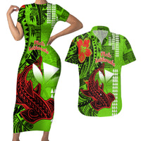 Personalised Hawaii Christmas Couples Matching Short Sleeve Bodycon Dress and Hawaiian Shirt Mele Kalikimaka Kakau Polynesian Shark Tattoo - Wonder Print Shop