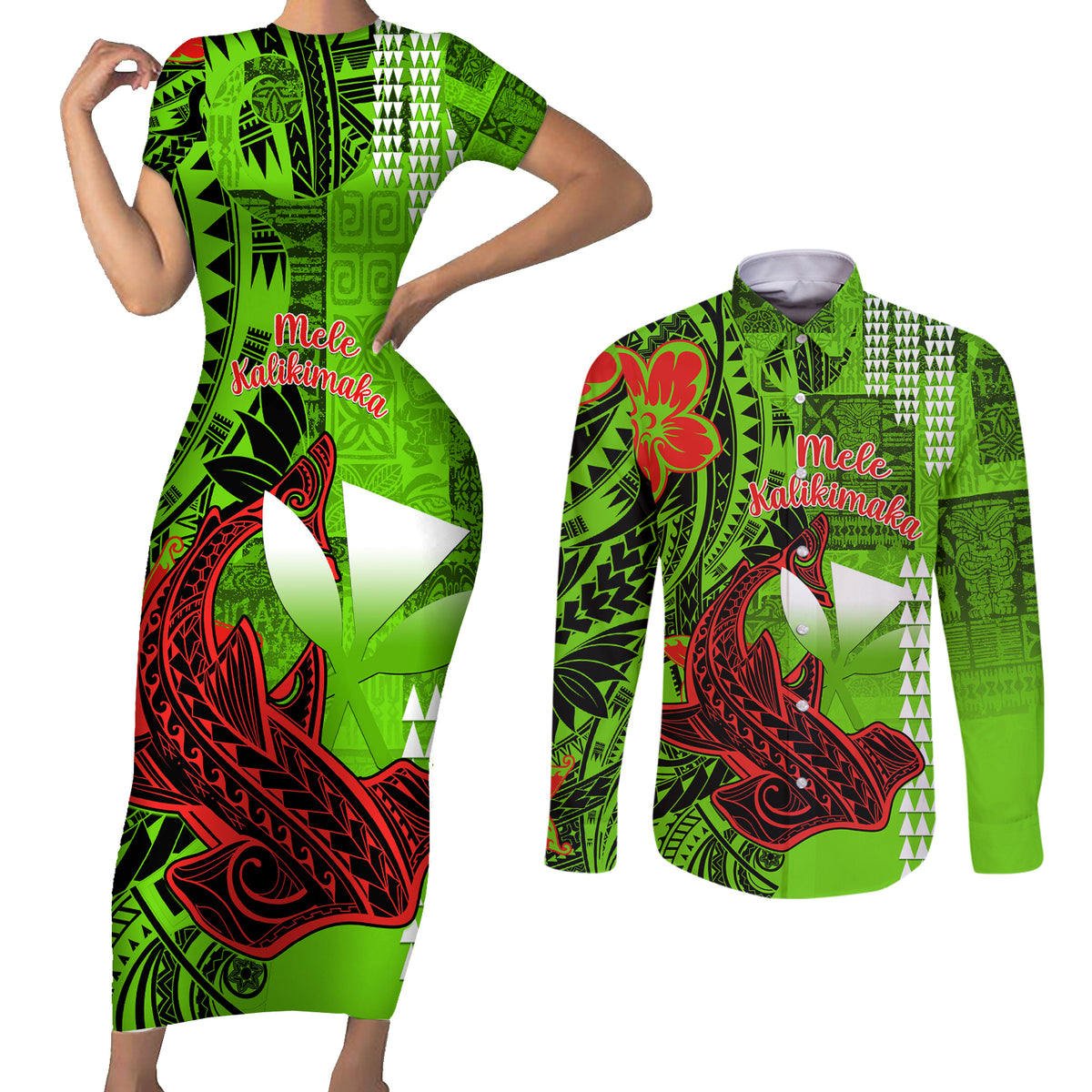 Personalised Hawaii Christmas Couples Matching Short Sleeve Bodycon Dress and Long Sleeve Button Shirts Mele Kalikimaka Kakau Polynesian Shark Tattoo - Wonder Print Shop