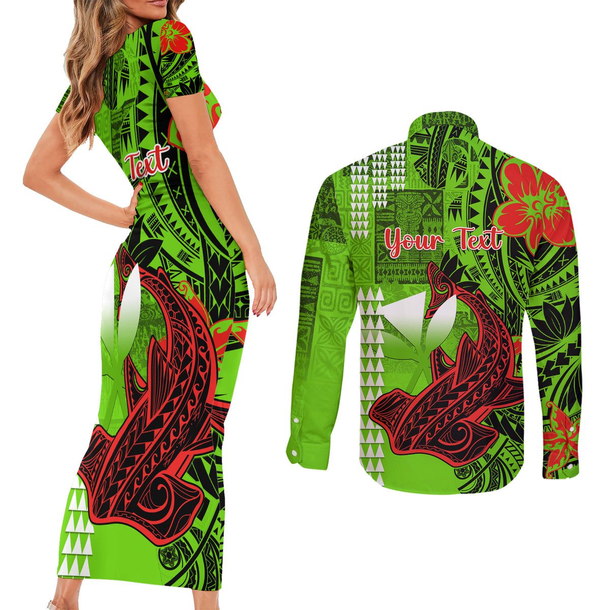 Personalised Hawaii Christmas Couples Matching Short Sleeve Bodycon Dress and Long Sleeve Button Shirts Mele Kalikimaka Kakau Polynesian Shark Tattoo - Wonder Print Shop