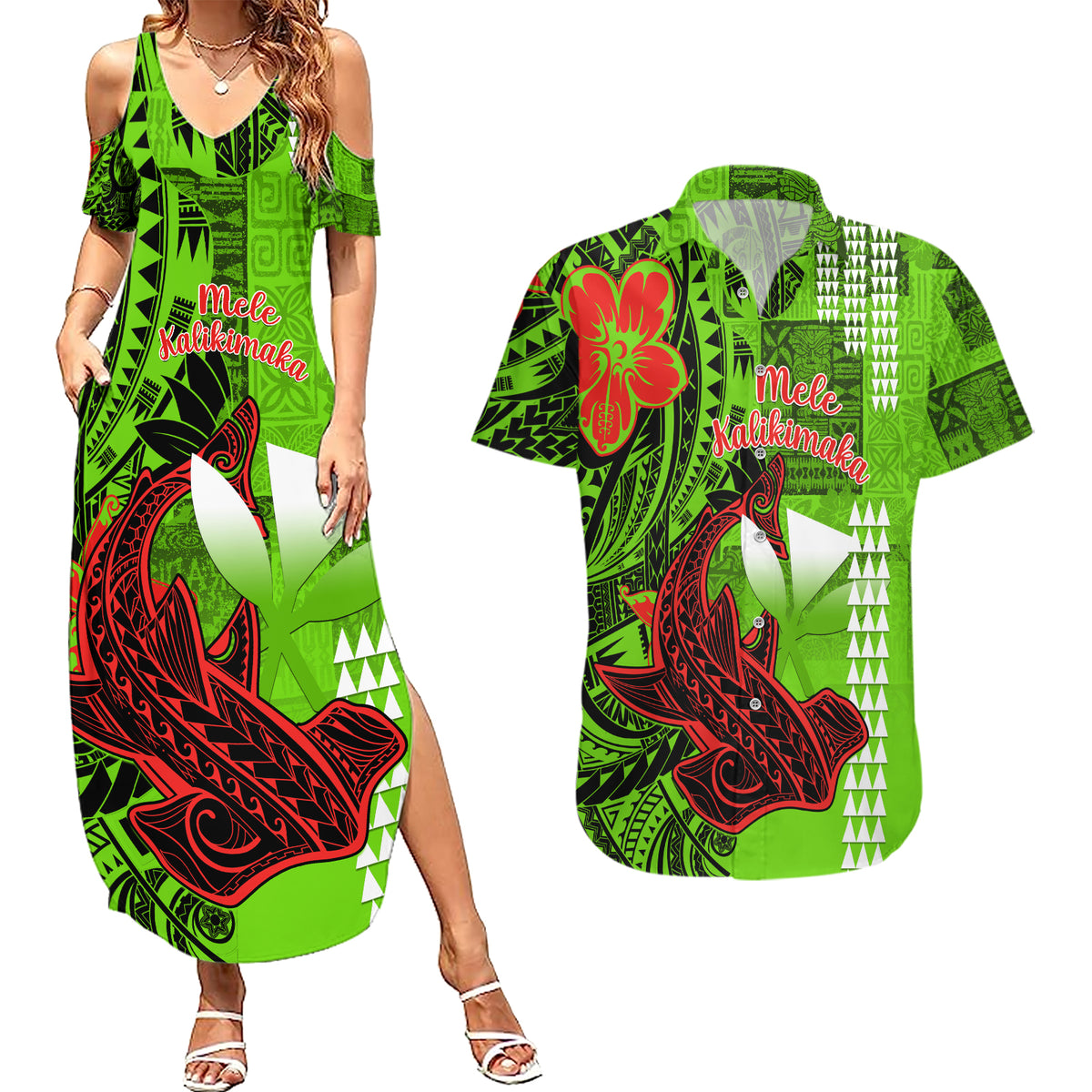 Personalised Hawaii Christmas Couples Matching Summer Maxi Dress and Hawaiian Shirt Mele Kalikimaka Kakau Polynesian Shark Tattoo - Wonder Print Shop