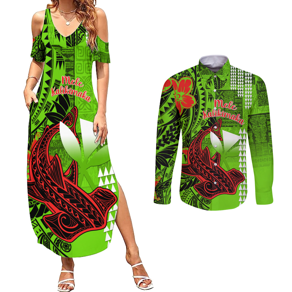 Personalised Hawaii Christmas Couples Matching Summer Maxi Dress and Long Sleeve Button Shirts Mele Kalikimaka Kakau Polynesian Shark Tattoo - Wonder Print Shop