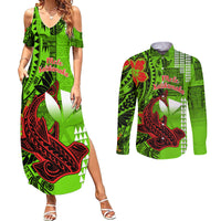 Personalised Hawaii Christmas Couples Matching Summer Maxi Dress and Long Sleeve Button Shirts Mele Kalikimaka Kakau Polynesian Shark Tattoo - Wonder Print Shop