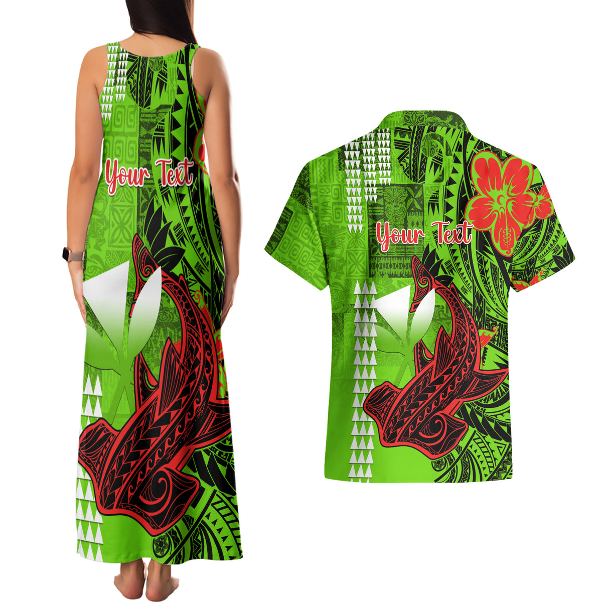Personalised Hawaii Christmas Couples Matching Tank Maxi Dress and Hawaiian Shirt Mele Kalikimaka Kakau Polynesian Shark Tattoo - Wonder Print Shop