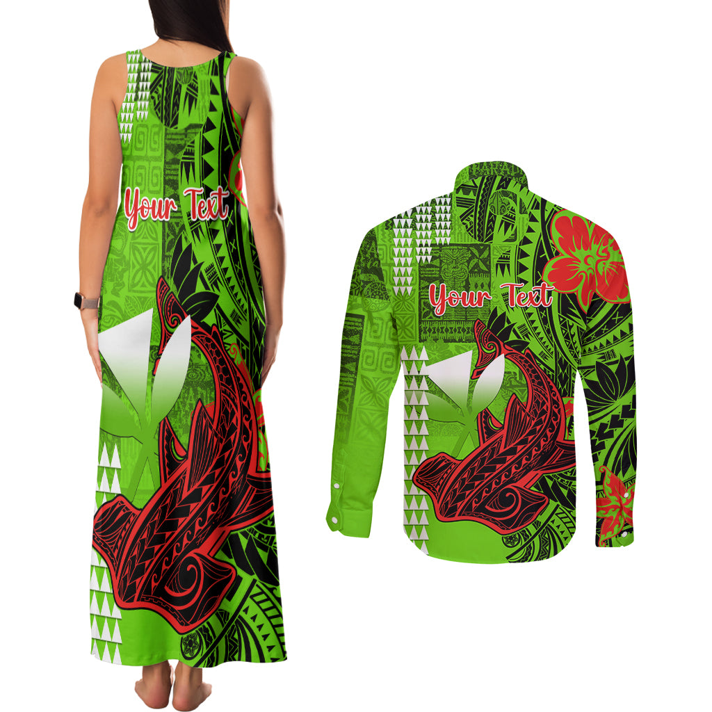 Personalised Hawaii Christmas Couples Matching Tank Maxi Dress and Long Sleeve Button Shirts Mele Kalikimaka Kakau Polynesian Shark Tattoo - Wonder Print Shop