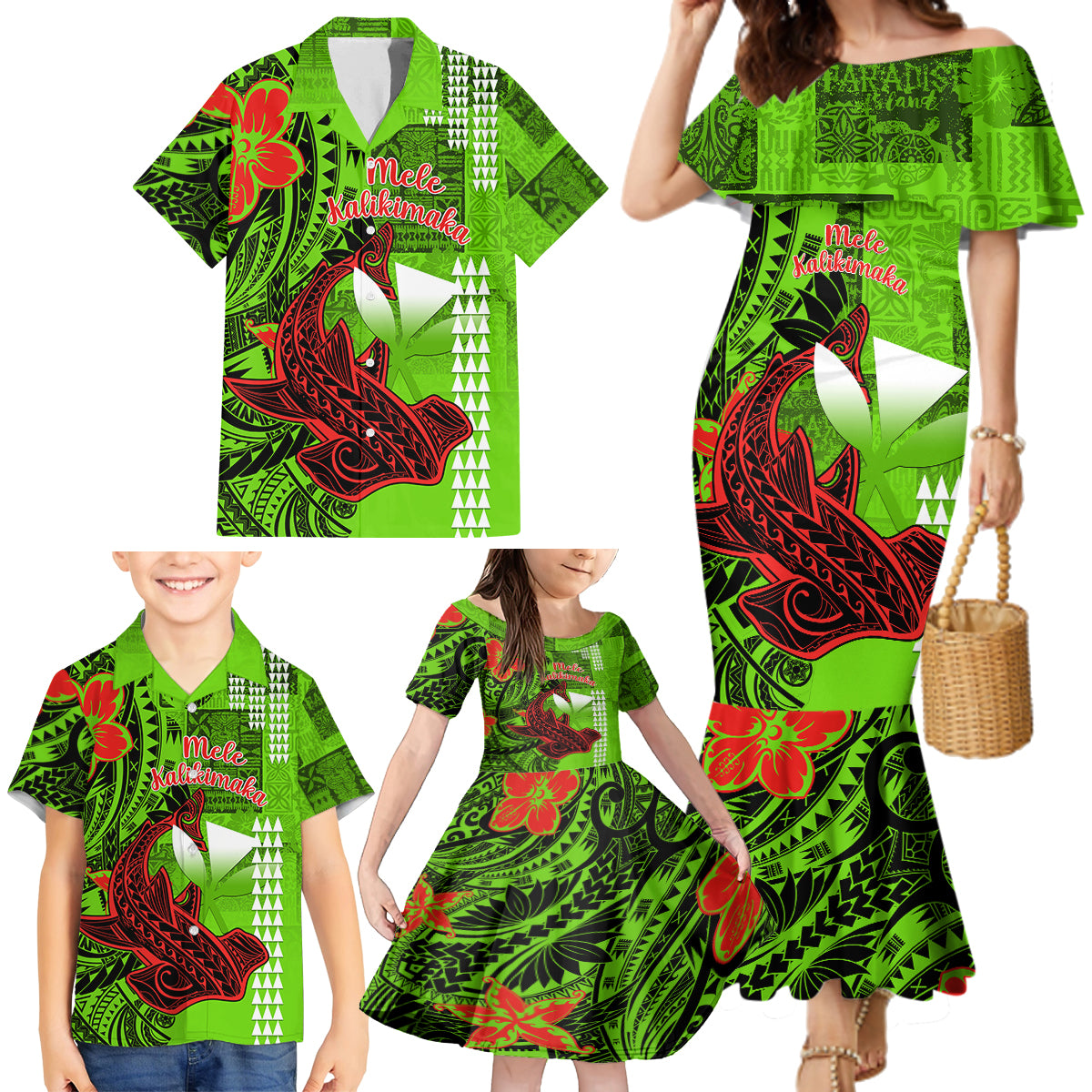 Personalised Hawaii Christmas Family Matching Mermaid Dress and Hawaiian Shirt Mele Kalikimaka Kakau Polynesian Shark Tattoo - Wonder Print Shop