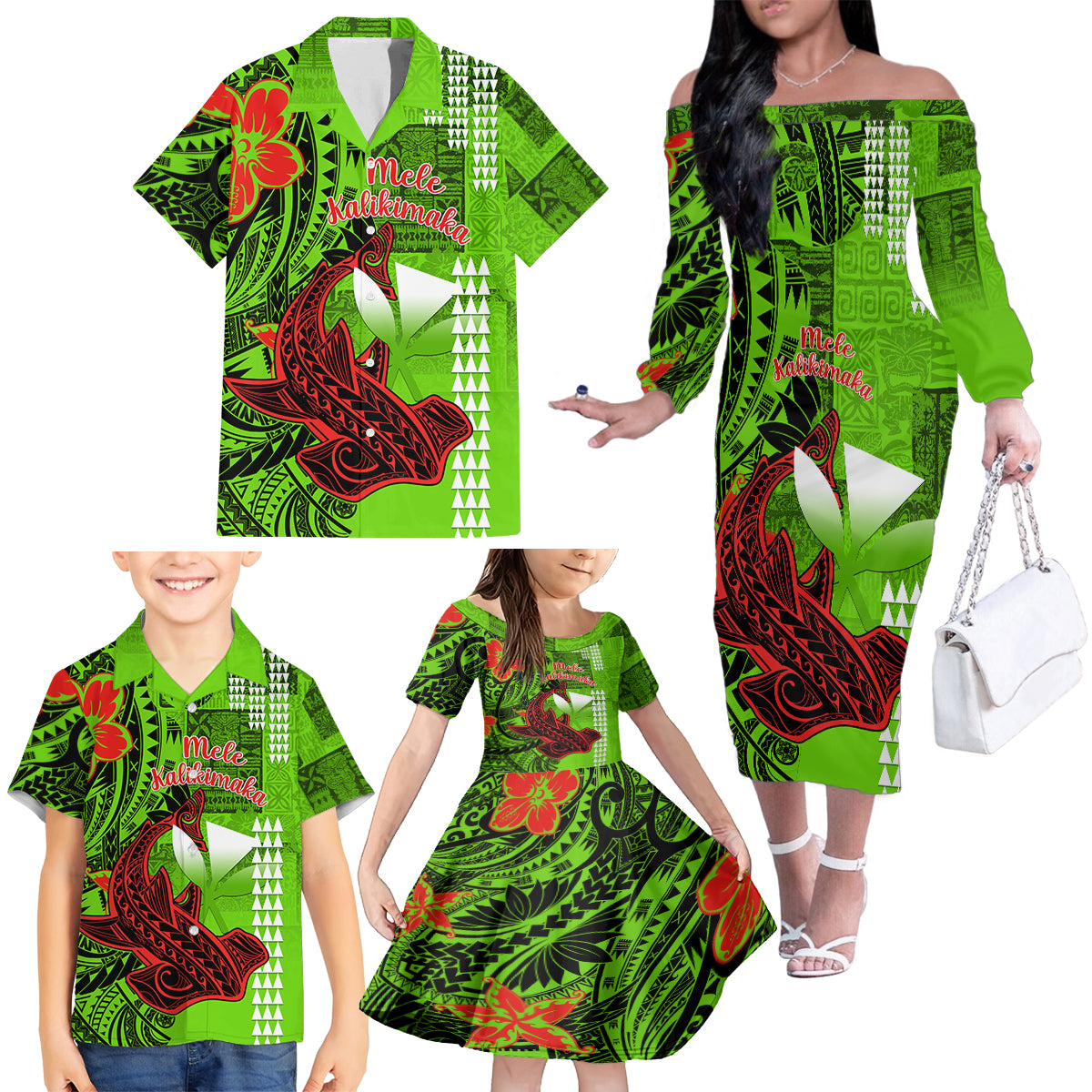 Personalised Hawaii Christmas Family Matching Off Shoulder Long Sleeve Dress and Hawaiian Shirt Mele Kalikimaka Kakau Polynesian Shark Tattoo - Wonder Print Shop