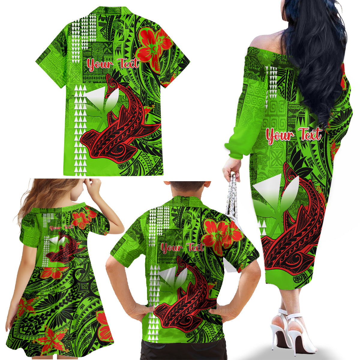 Personalised Hawaii Christmas Family Matching Off Shoulder Long Sleeve Dress and Hawaiian Shirt Mele Kalikimaka Kakau Polynesian Shark Tattoo - Wonder Print Shop